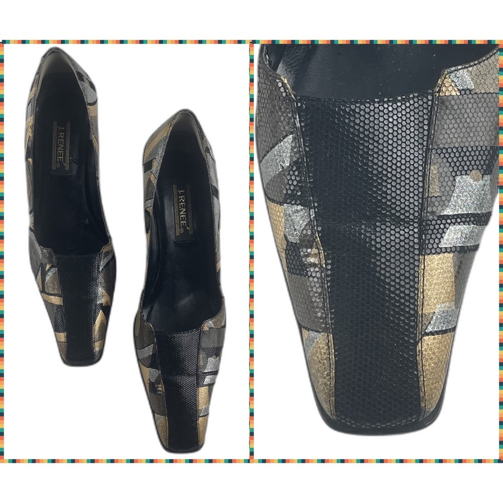 J Renee Womens Geometric Print Heels Size 10M Black Gold Silver Block Heel Pumps